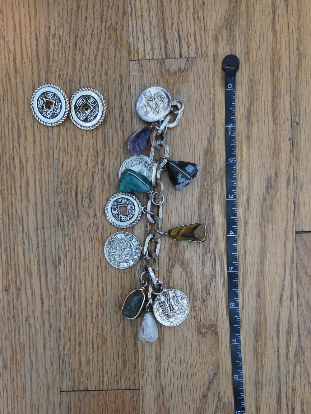 Silver Charm Bracelet with Matching Clip Earrings